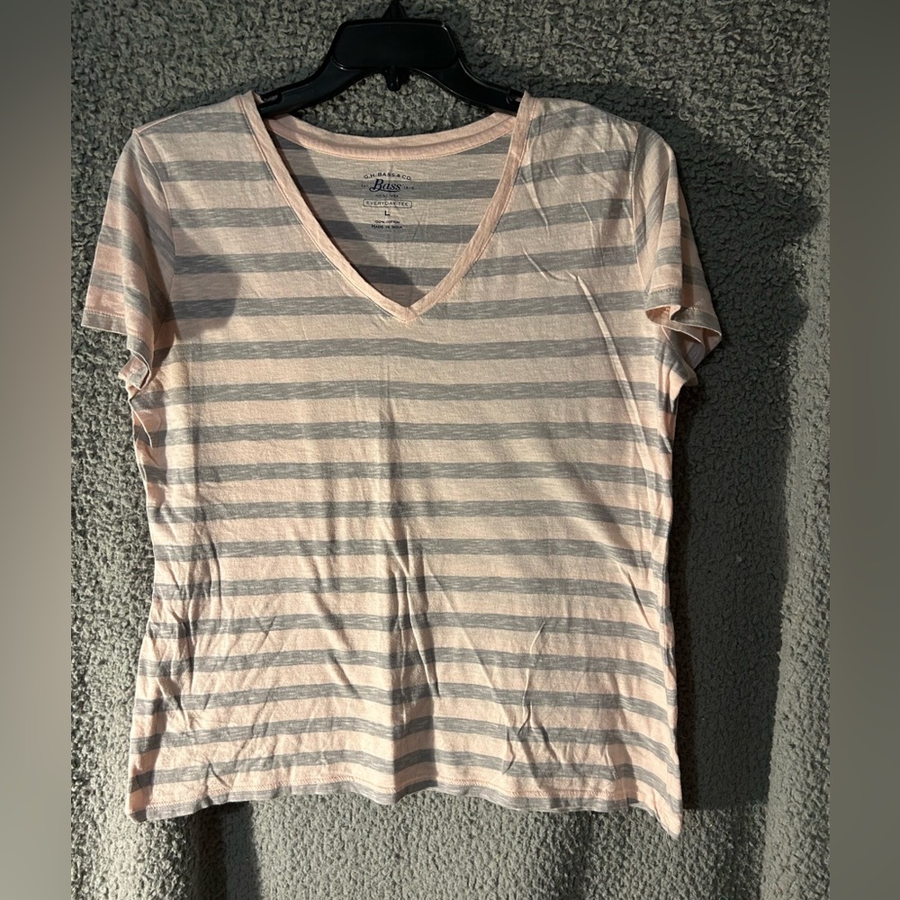 G.H. Bass & Co. Pink and Gray Striped V-Neck Tee
